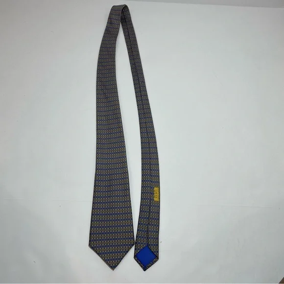HERMES PARIS CHAINLINKBLUE AND YELLOW VINTAGE 100% SILK TIE